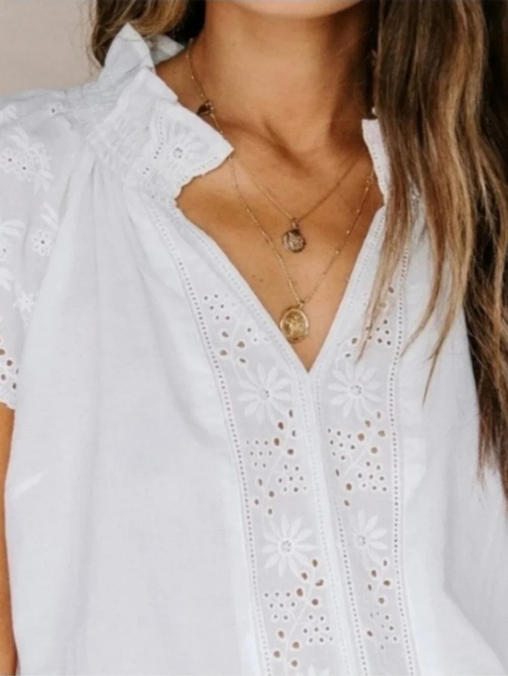 White Embroidered Eyelet Cap Sleeve Cotton Top